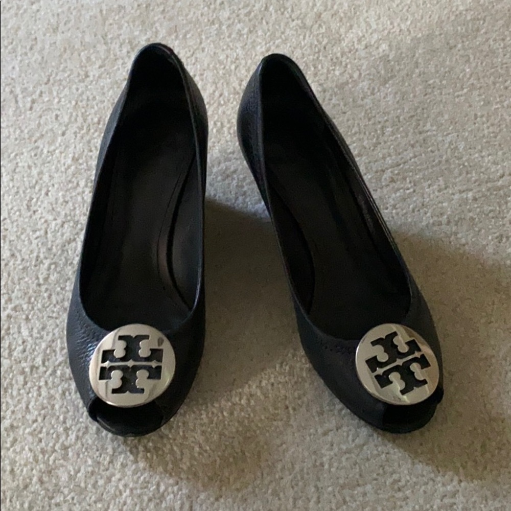 Tory Burch black leather peep toe wedge